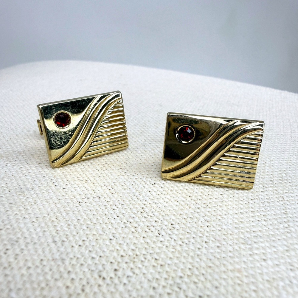 Vintage Cufflinks Red‎ Rhinestone Accent Gold Tone Etched Rectangular